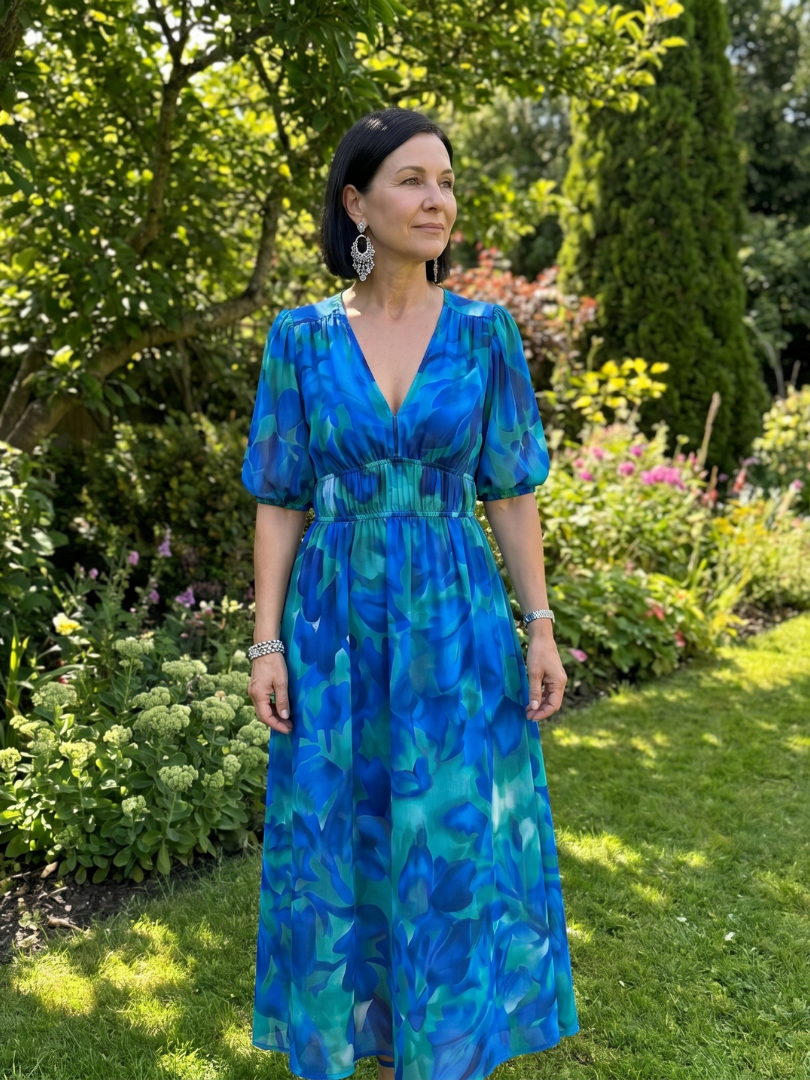 Fenella | Puff Sleeve V-Neck Abstract Print Midi Dress