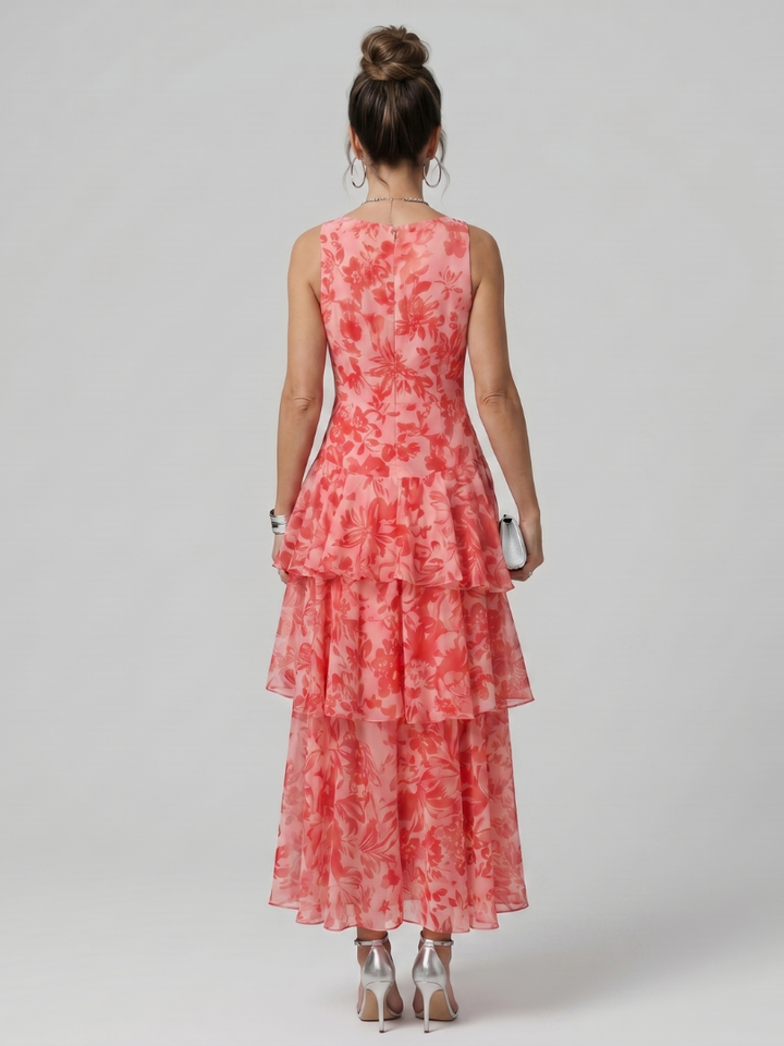 Ottilie | Deep V-Neck Sleeveless Painterly Print Midi Dress in Red, Beige & Burgundy