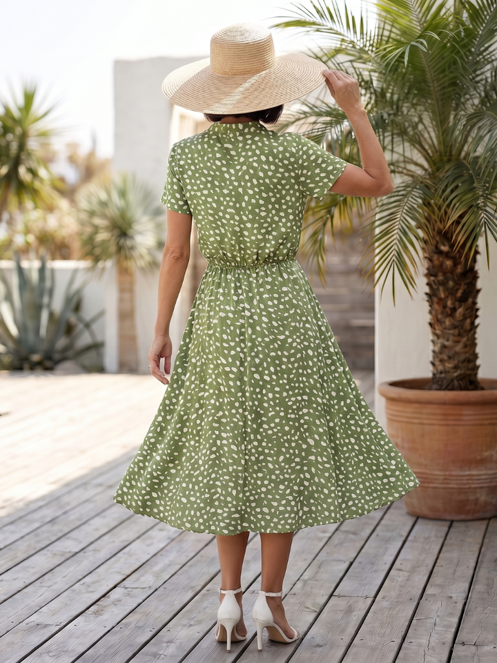 Blythe | Printed Button-Front Belted Midi Dress in Green, Red & White
