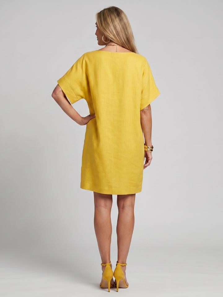 Margot | Short Sleeve Patch Pocket Knee Length Dress in Yellow, Sky Blue & Blue