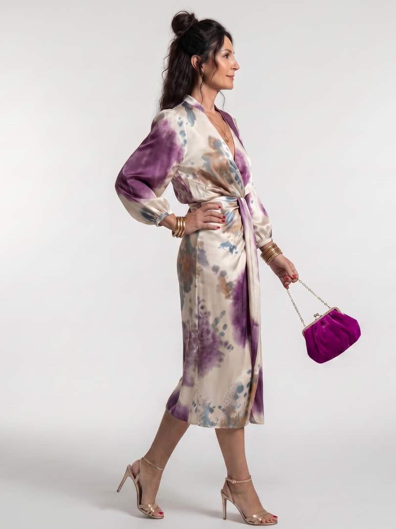 Cordelia | Cross Wrap Tie Waist Printed Midi Dress in Multicolour