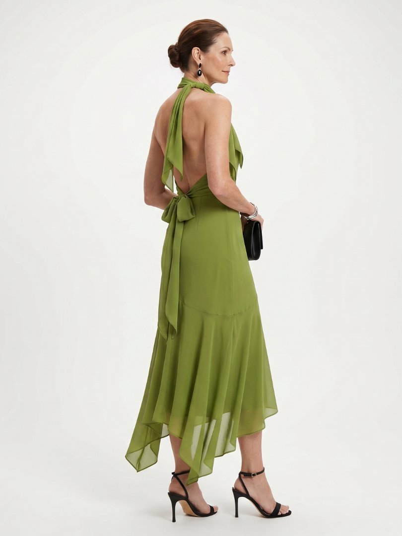 Winifred | Draped Halter Keyhole Midi Dress in Green