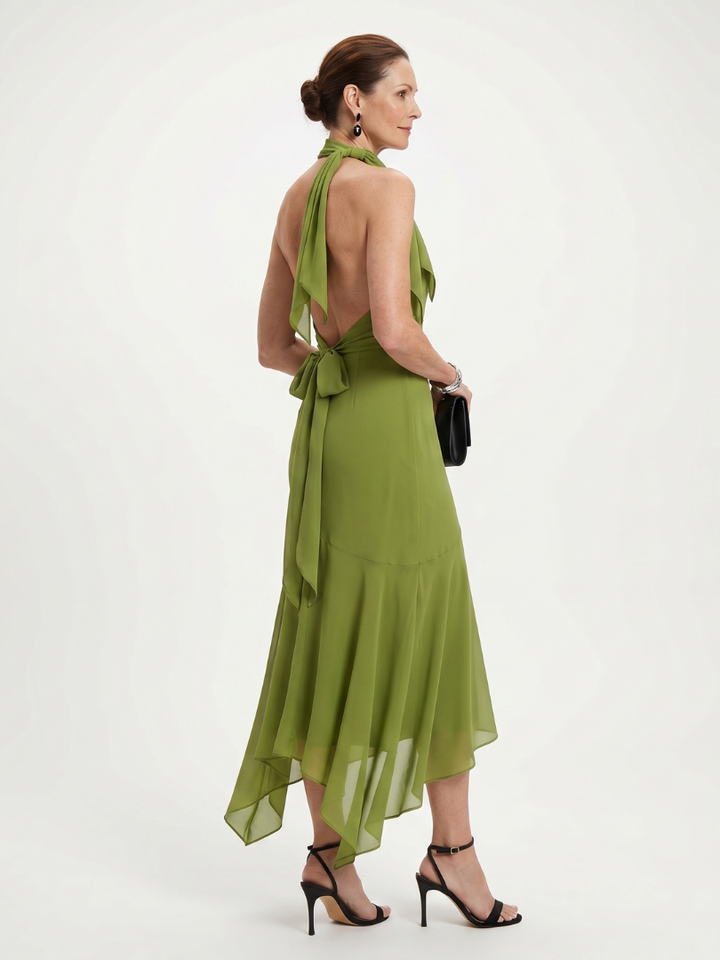 Winifred | Draped Halter Keyhole Midi Dress in Green