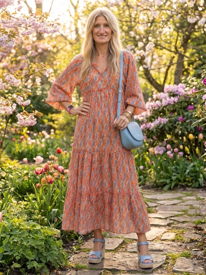 Margery | Geometric Print V-Neck Tiered Midi Dress