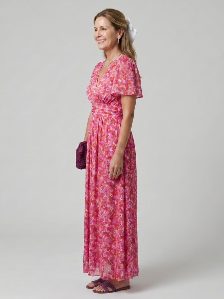 Cecily | Short Sleeve Ditsy Floral Midi Dress with Gathered Waist