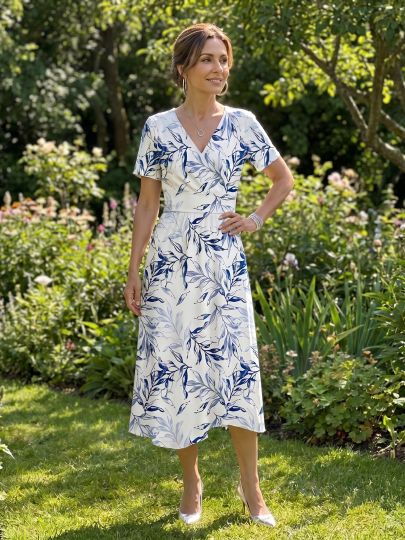 Carys | V-Neck Botanical Print Wrap Midi Dress in White