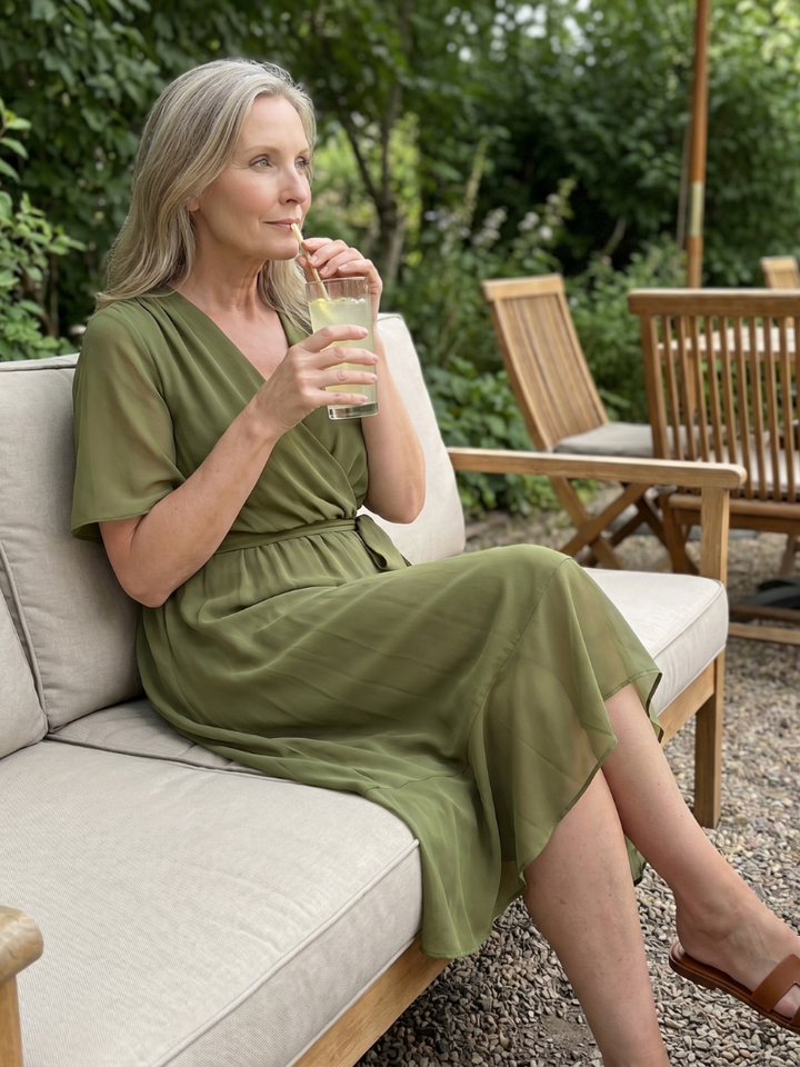 Seren | Short Sleeve Wrap Midi Dress with Fluid Hem in Green, Black, and Blue