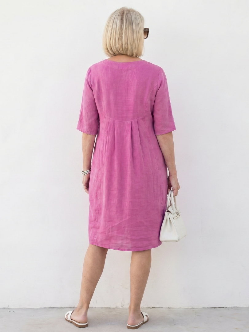 Elodie | Gathered Front Half Sleeve Knee Length Dress in Pink, Blue, Green & Sky Blue