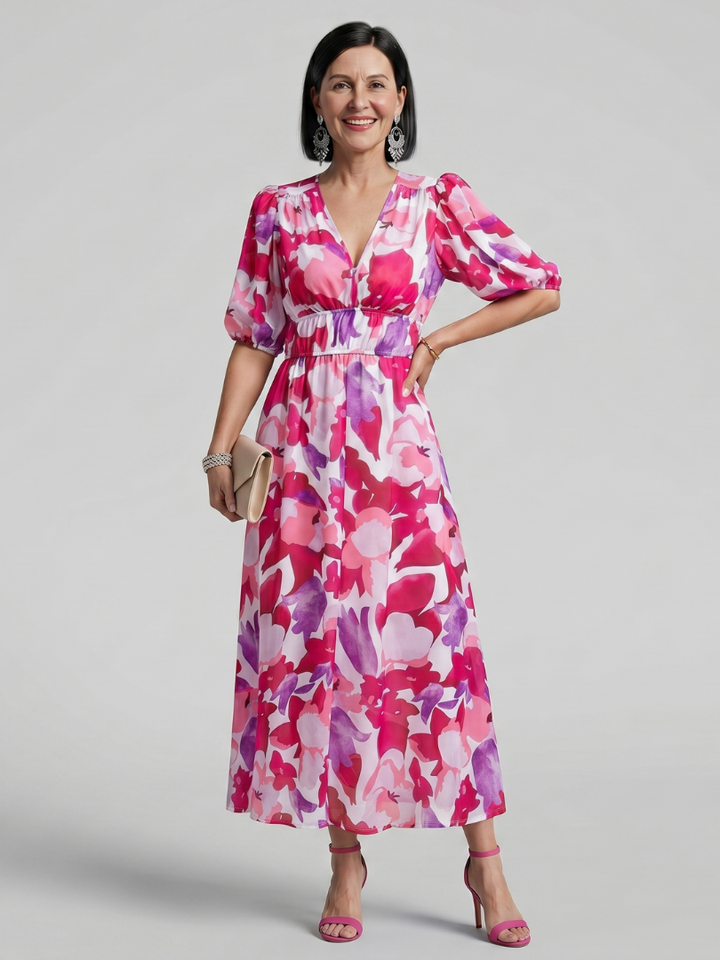 Fenella | Puff Sleeve V-Neck Abstract Print Midi Dress