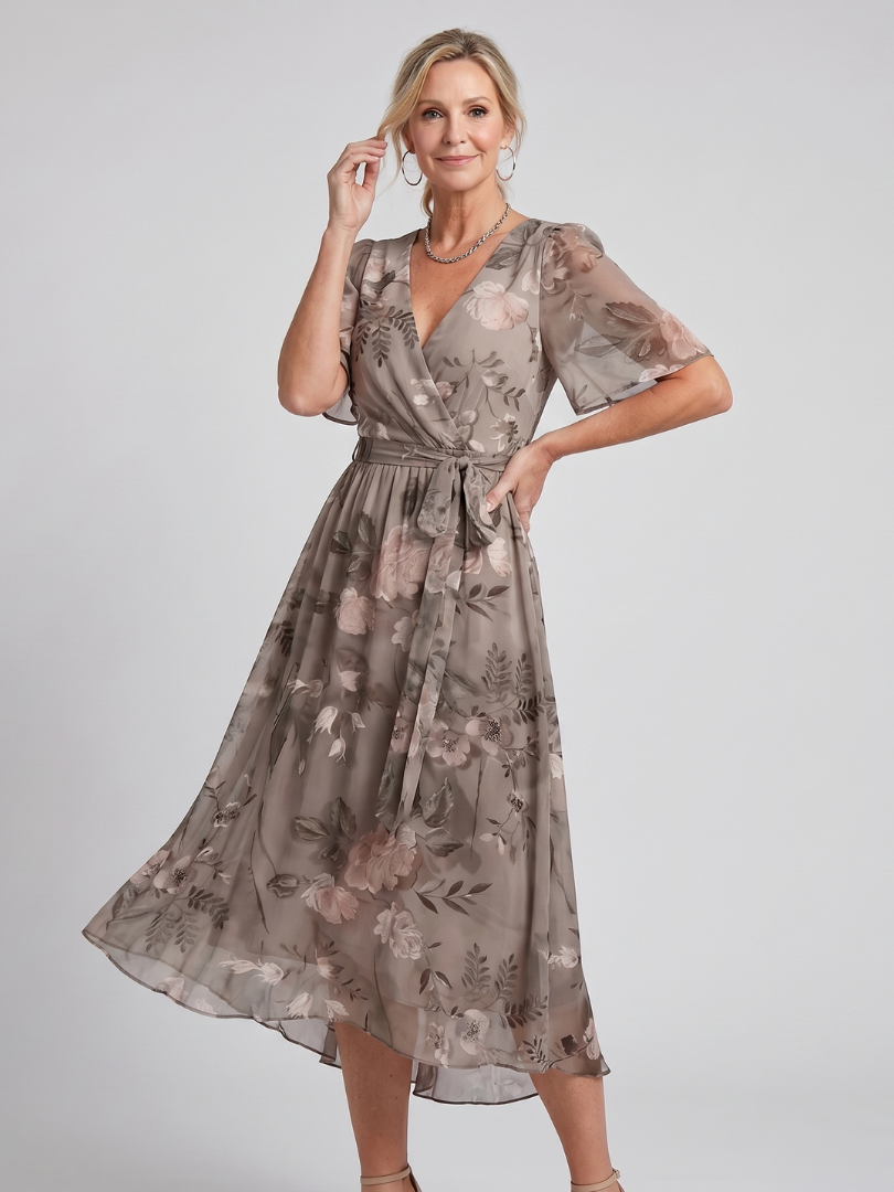 Mirabel | Flutter Sleeve Gathered Waist Floral Print Midi Dress in Dark Green