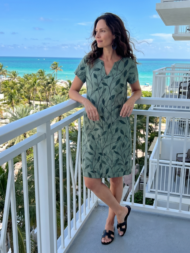 Hazel | Leaf Print V-Neck Knee-Length Dress in Green, Purple & Pink