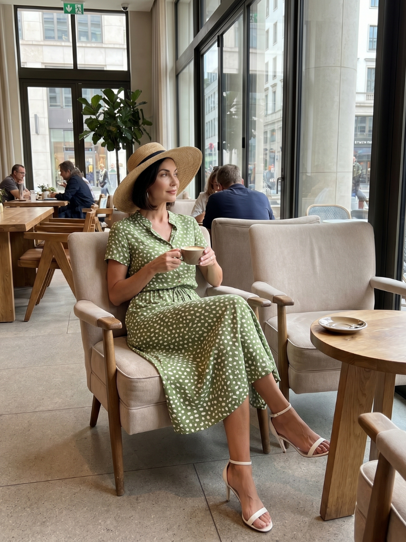 Blythe | Printed Button-Front Belted Midi Dress in Green, Red & White