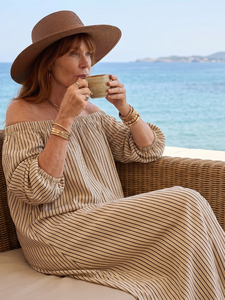 Lavinia | Off-Shoulder Vertical Stripe Relaxed Midi Dress in Beige