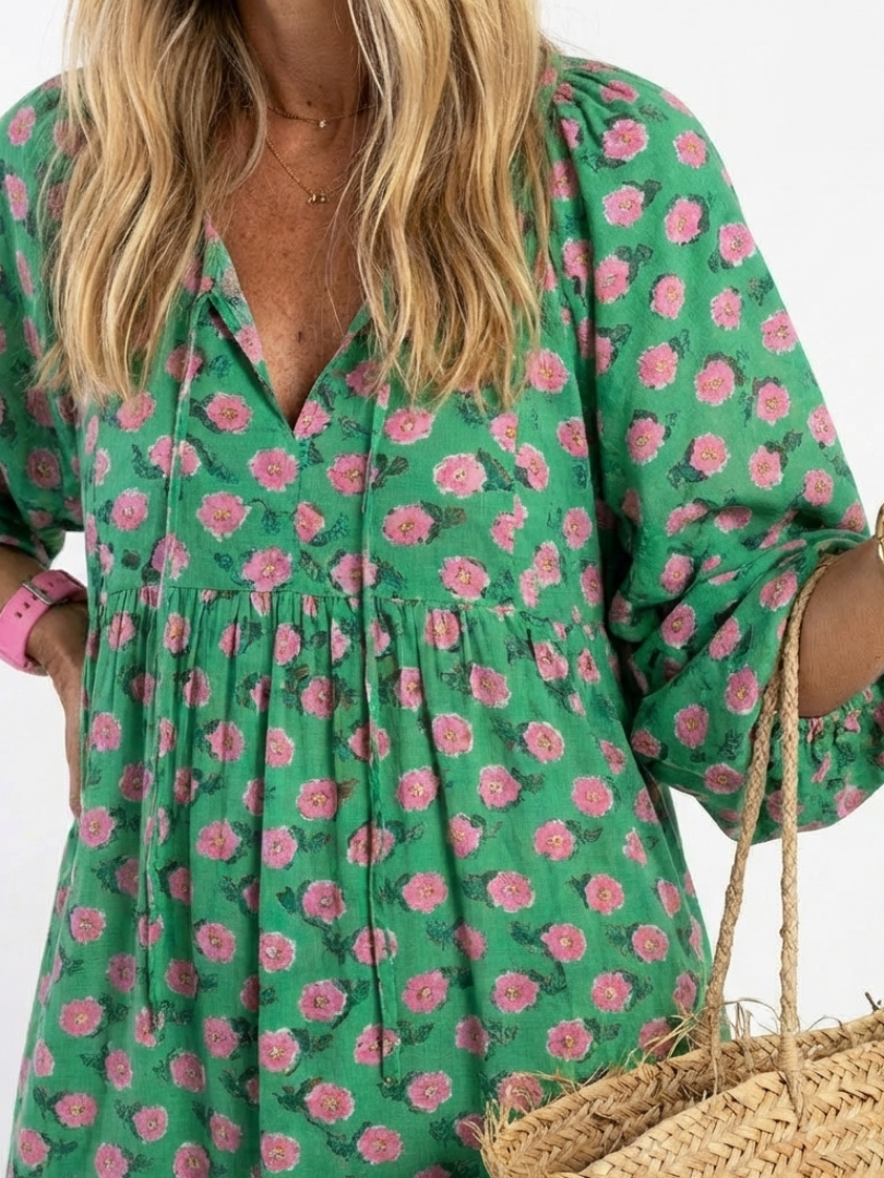 Genevieve | Floral Print V-Neck Tiered Midi Dress