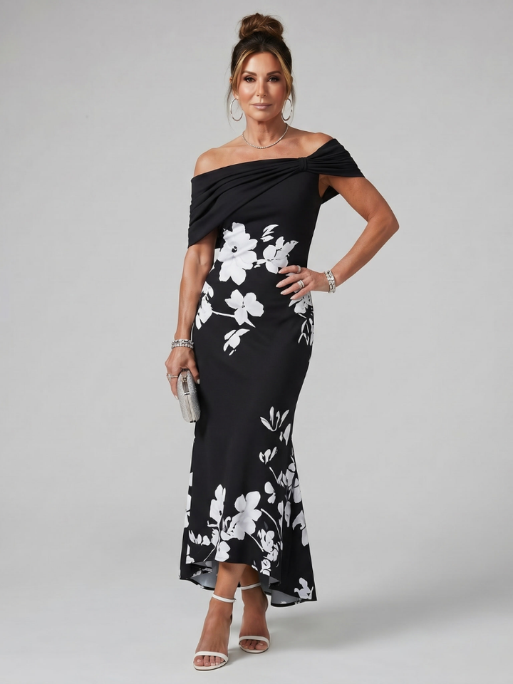 Cosima | Off-Shoulder Draped Neckline Midi Dress in Green, Black & Sky Blue