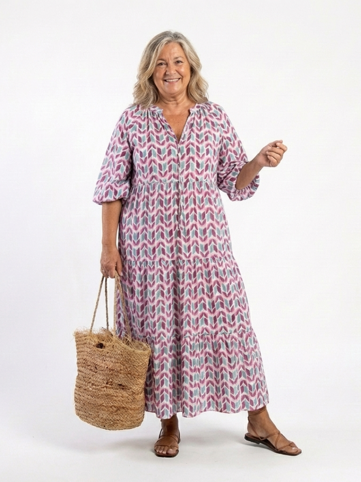 Gisela | Geometric Print Long Sleeve Tiered Midi Dress