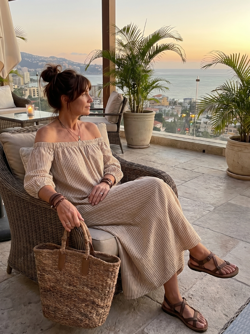 Euphemia | Striped Off-Shoulder Maxi Dress in Khaki