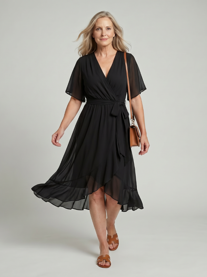 Seren | Short Sleeve Wrap Midi Dress with Fluid Hem in Green, Black, and Blue