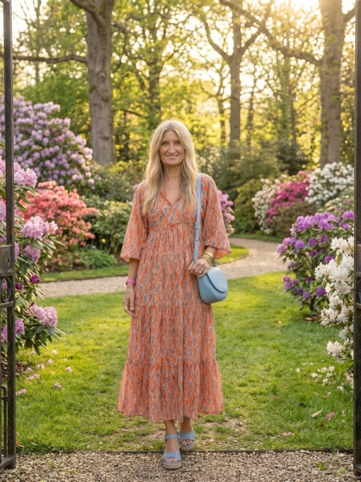Margery | Geometric Print V-Neck Tiered Midi Dress