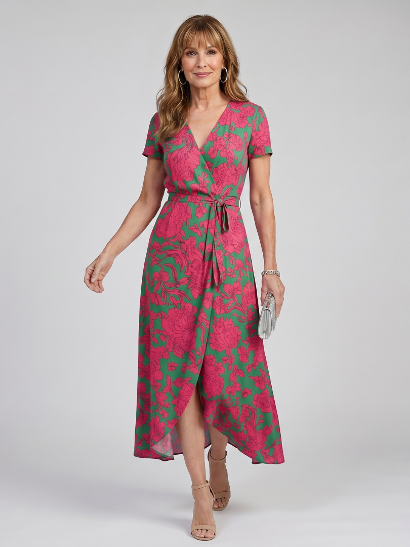 Phoebe | Short Sleeve Floral Wrap Midi Dress in Red, Pink & Floral