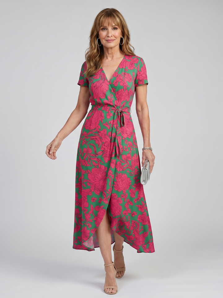 Phoebe | Short Sleeve Floral Wrap Midi Dress in Red, Pink & Floral