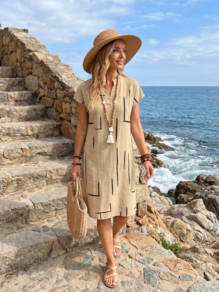Georgina | Short Sleeve Abstract Print Relaxed Knee Length Dress in Beige