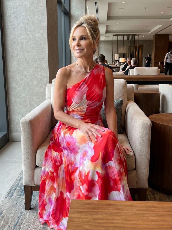 Tamsin | One Shoulder Pleated Bodice Floral Midi Dress