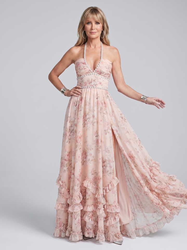 Arabella | Halter Neck Floral Beaded Strap Tiered Ruffle Maxi Dress in Sky Blue