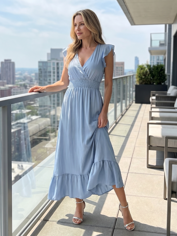 Clover | Ruffle Sleeve Smocked Waist Midi Dress in Blue, Green, Black and Sage