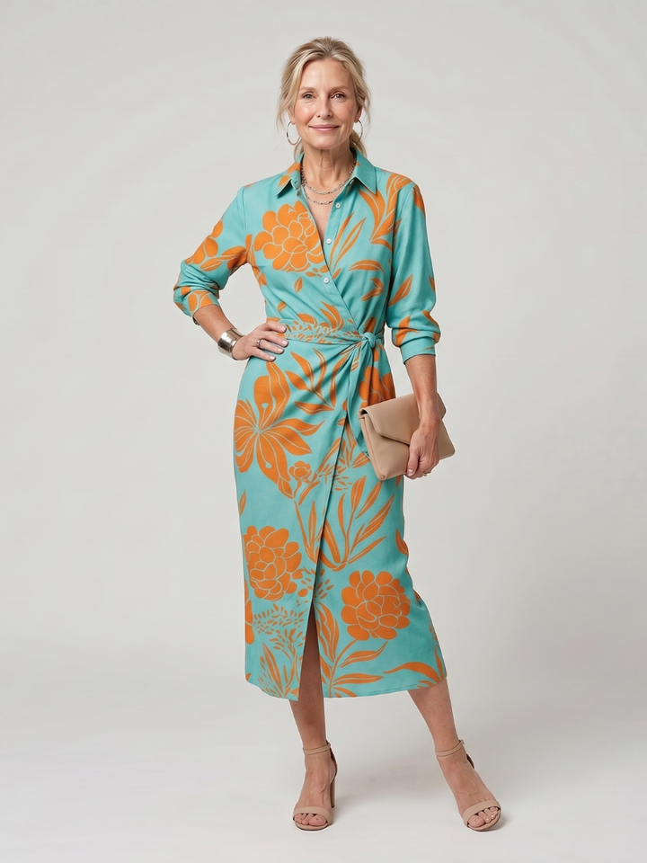 Imogen | Long Sleeve Collared Wrap Midi Dress in Stripe