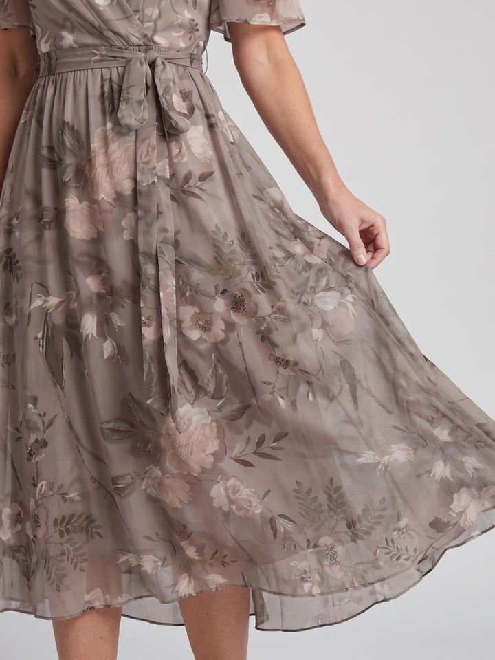 Mirabel | Flutter Sleeve Gathered Waist Floral Print Midi Dress in Dark Green