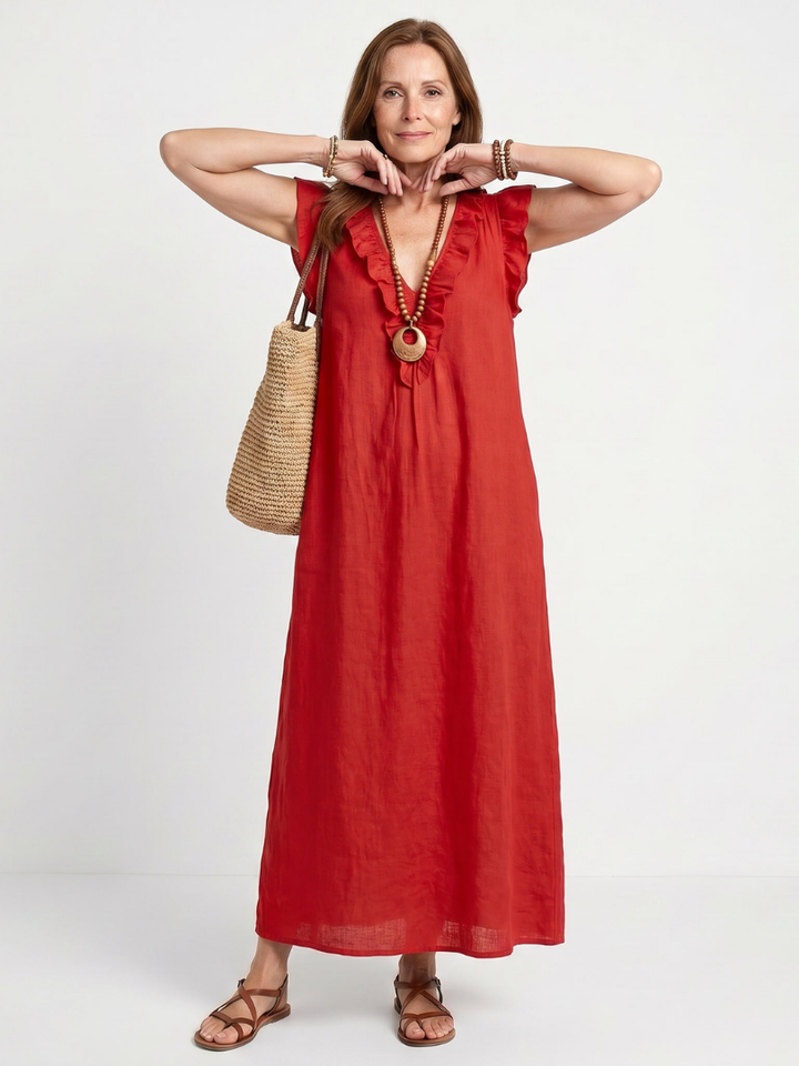 Anneliese | Ruffle Trim V-Neck Sleeveless Relaxed Midi Dress