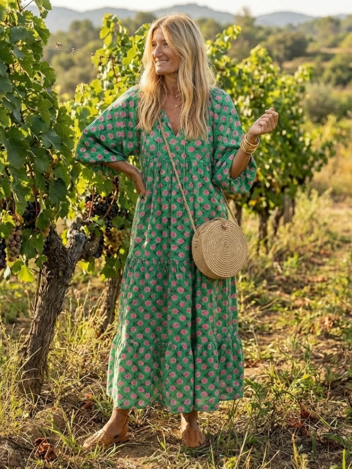 Genevieve | Floral Print V-Neck Tiered Midi Dress