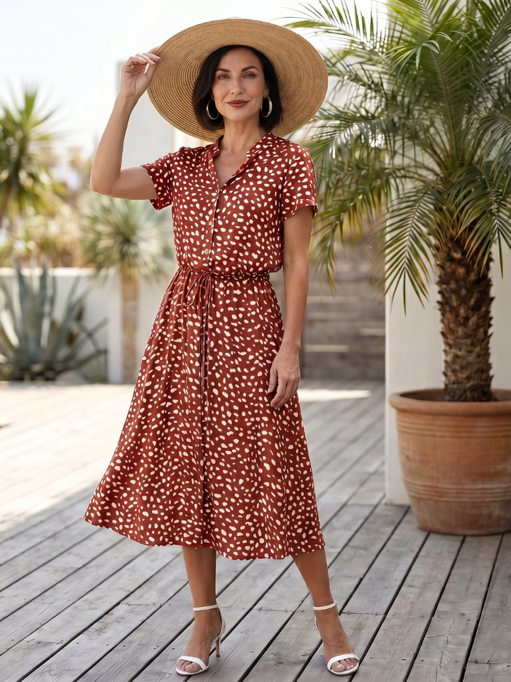 Blythe | Printed Button-Front Belted Midi Dress in Green, Red & White