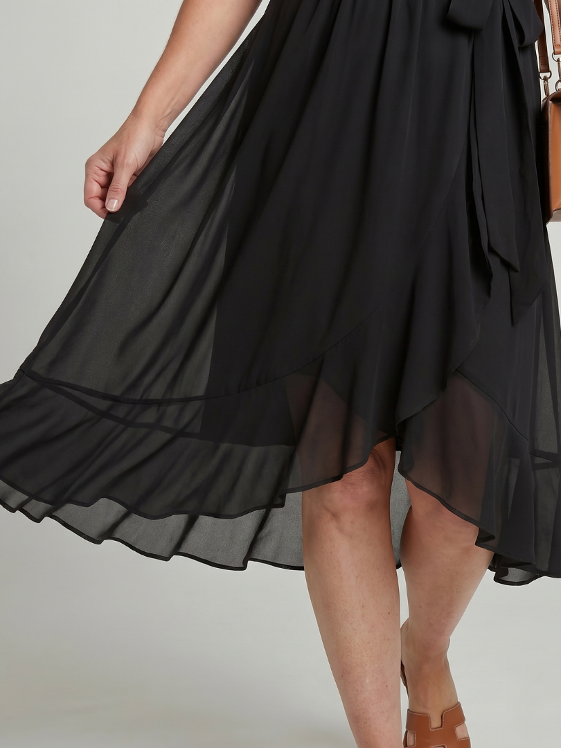 Seren | Short Sleeve Wrap Midi Dress with Fluid Hem in Green, Black, and Blue