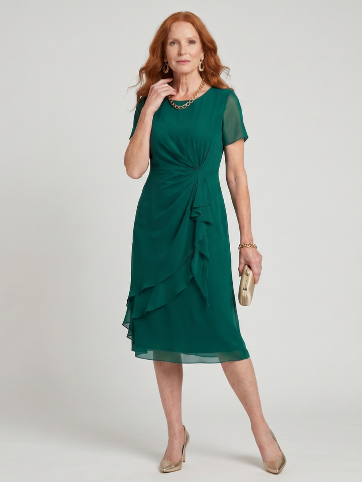Elowen | Short Sleeve Layered Hem Midi Dress with Twist Waist Detail