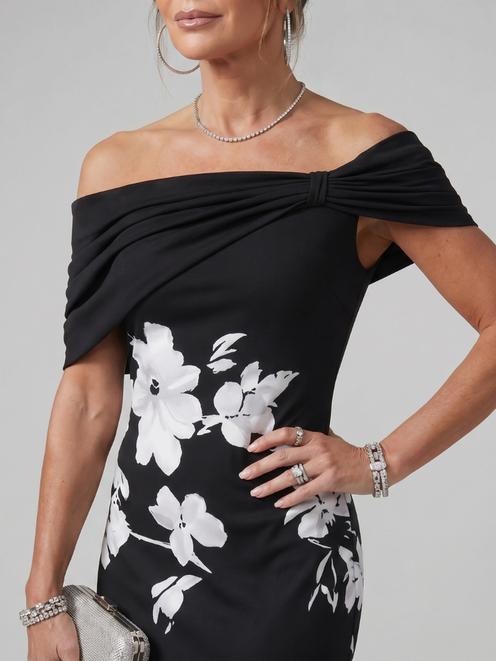 Cosima | Off-Shoulder Draped Neckline Midi Dress in Green, Black & Sky Blue