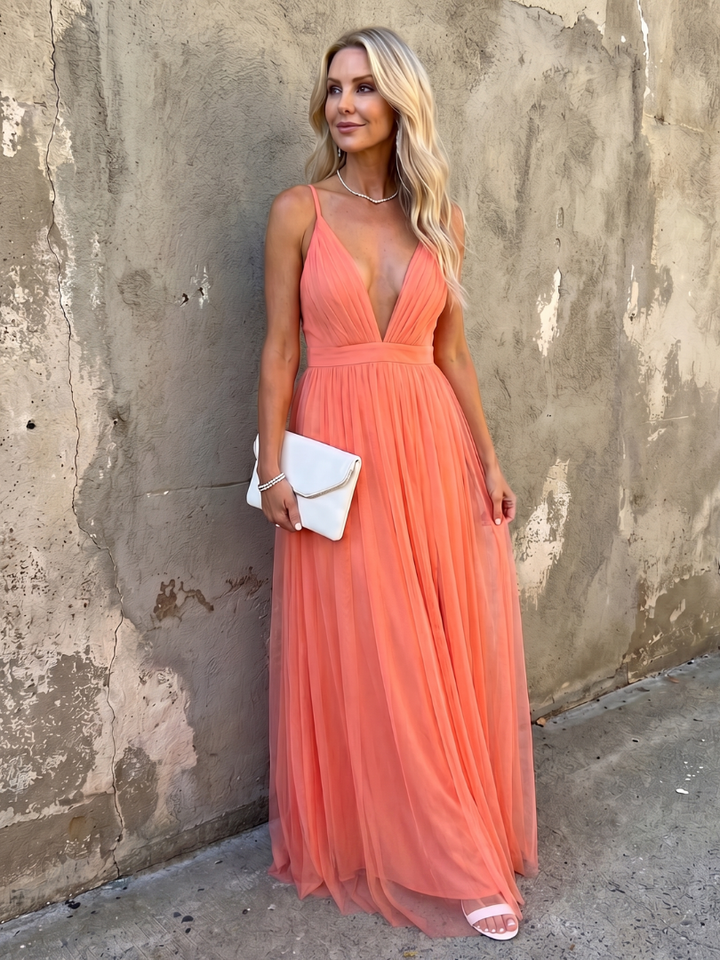 Isolde | Deep V-Neck Pleated Maxi Dress in Orange
