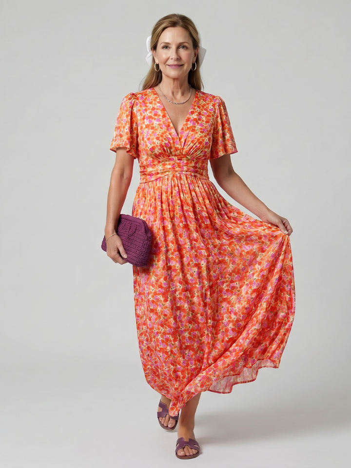 Cecily | Short Sleeve Ditsy Floral Midi Dress with Gathered Waist