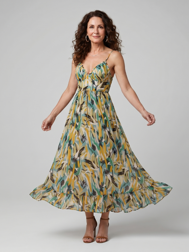 Clemmie | Spaghetti Strap Abstract Print Midi Dress in Multicolour