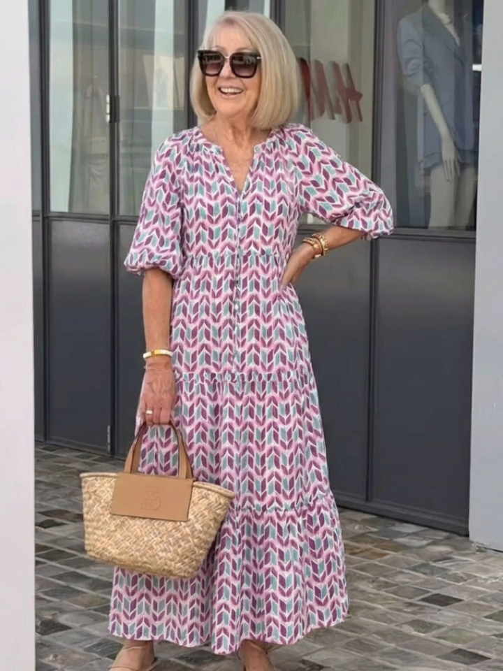 Gisela | Geometric Print Long Sleeve Tiered Midi Dress
