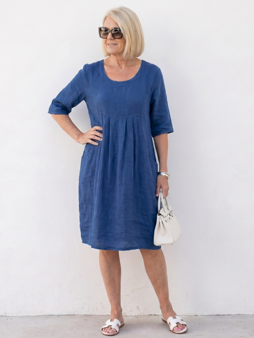 Elodie | Gathered Front Half Sleeve Knee Length Dress in Pink, Blue, Green & Sky Blue