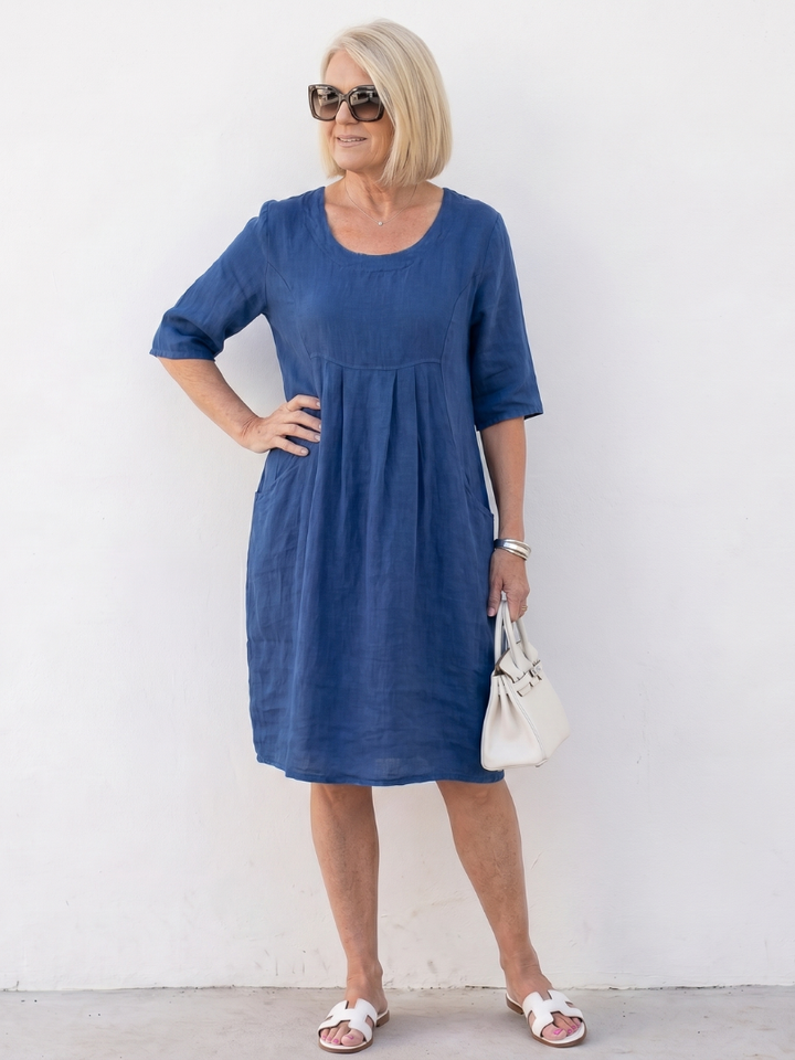Elodie | Gathered Front Half Sleeve Knee Length Dress in Pink, Blue, Green & Sky Blue