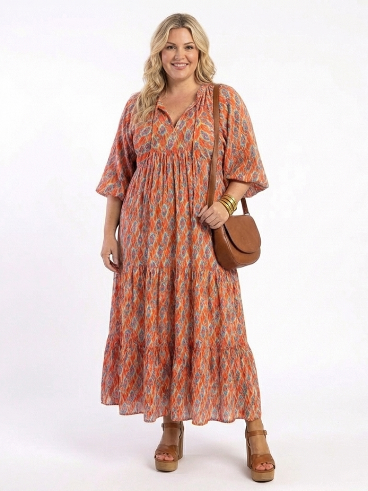 Margery | Geometric Print V-Neck Tiered Midi Dress