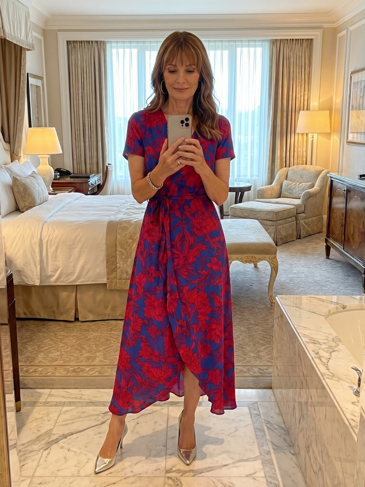 Phoebe | Short Sleeve Floral Wrap Midi Dress in Red, Pink & Floral