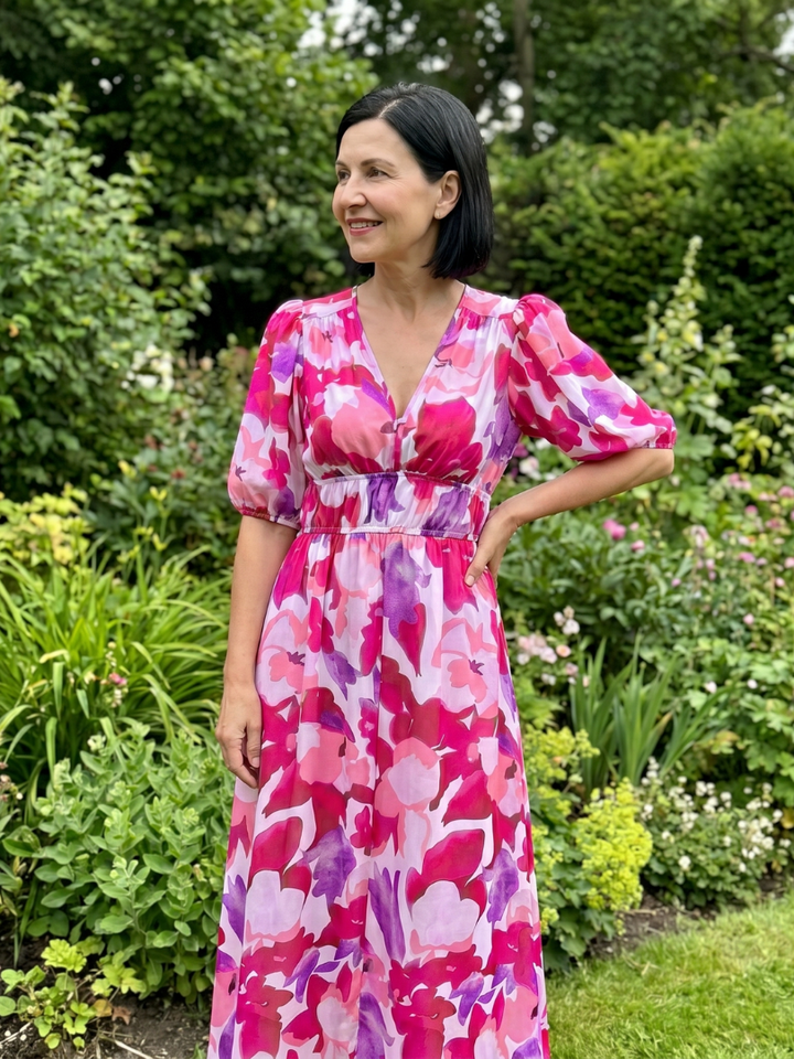 Fenella | Puff Sleeve V-Neck Abstract Print Midi Dress