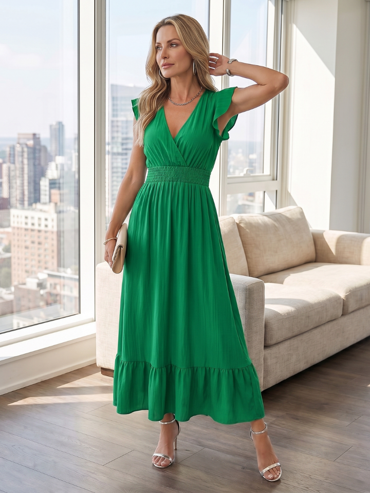 Clover | Ruffle Sleeve Smocked Waist Midi Dress in Blue, Green, Black and Sage