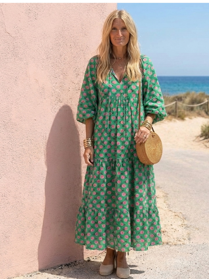 Genevieve | Floral Print V-Neck Tiered Midi Dress