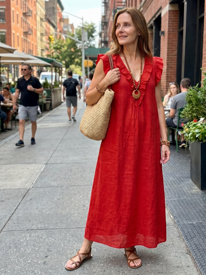 Anneliese | Ruffle Trim V-Neck Sleeveless Relaxed Midi Dress