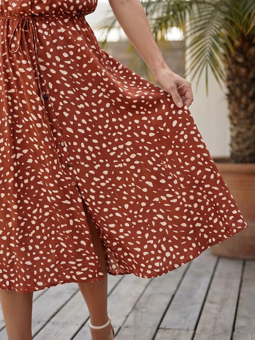 Blythe | Printed Button-Front Belted Midi Dress in Green, Red & White
